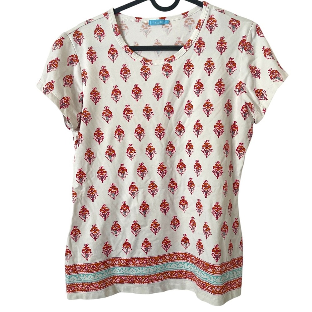 J. McLaughlin Cream Pink Block Print Tee T-Shirt‎ M
